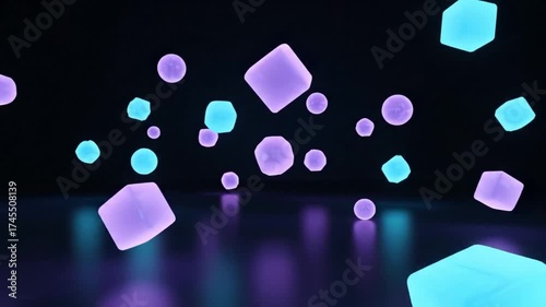 Wallpaper Mural Glow Spheres and Cubes Floating with Reflections on Dark Surface 3D Render Torontodigital.ca