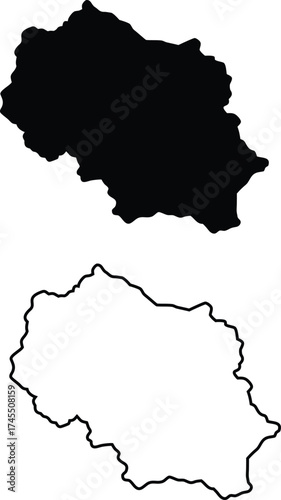 A solid black silhouette depicting a rounded geographical area is paired with its corresponding crisp outline on a bright white field