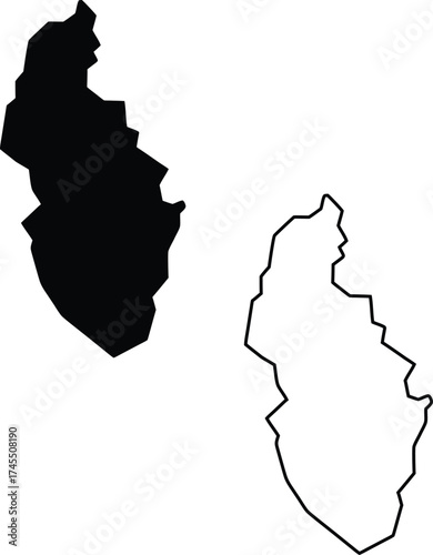 An elongated black silhouette of a distinct landmass appears next to its crisp line border on an unadorned white canvas