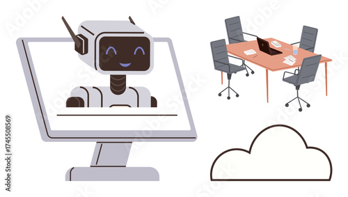 Smiling robot on computer screen, modern office table with chairs, cloud icon. Ideal for AI, cloud computing, virtual teamwork, collaboration, remote work automation innovation. Simple flat