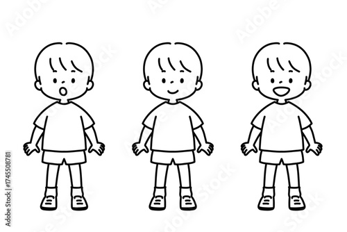 シンプル線画（塗り無し）半袖短パン姿の男の子　全身・正面