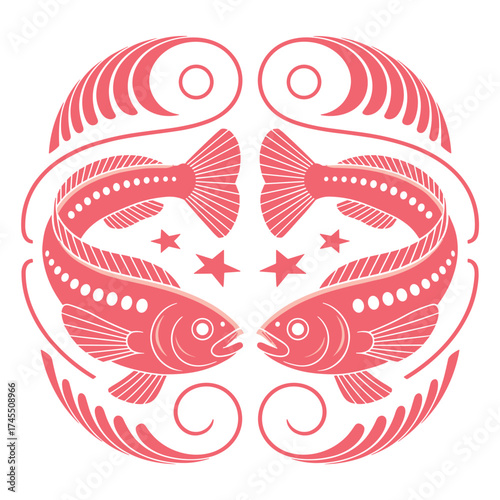 Pisces Zodiac Sign T-shirt Design with Two Fish and Decorative Swirls