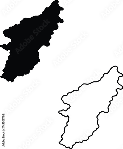 Unique long and narrow geographical shape depicted as a solid black map and its distinct outline