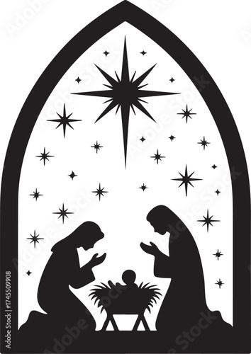 Silhouettes of people praying over child. Appearance of Jesus Christ, scenes from religious life. Bible Sketches, Christianity, Traditional Images, nursery, baby. Cartoon flat vector illustration