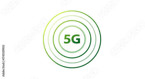 Green 5G signal waves emanating from a central icon on a white background, representing wireless communication and connectivity.