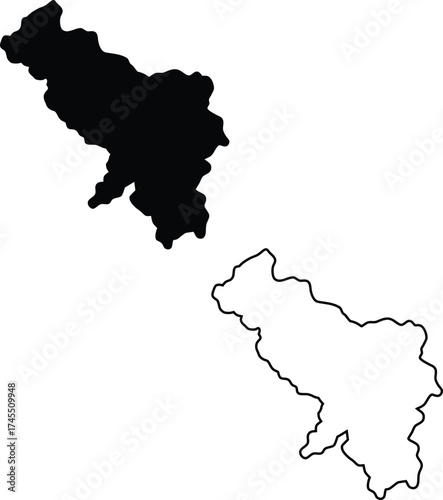 Vertical orientation showing a distinct landmass as a black filled silhouette and corresponding outline map