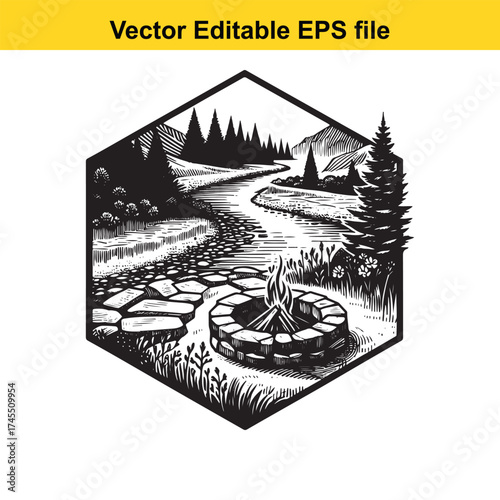 Vector art of campfire scene with a winding river and pine trees in a hexagon