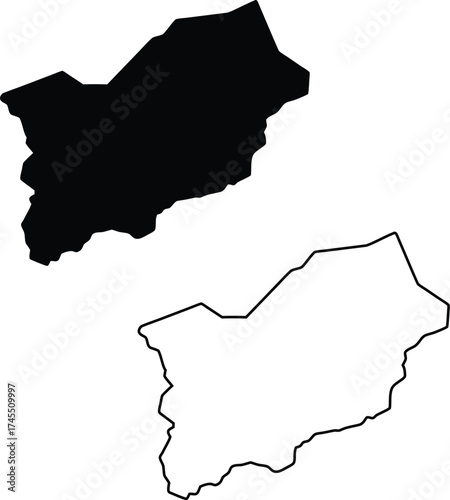 Clean vector depiction of a unique geographical region presented as a solid black map and outline