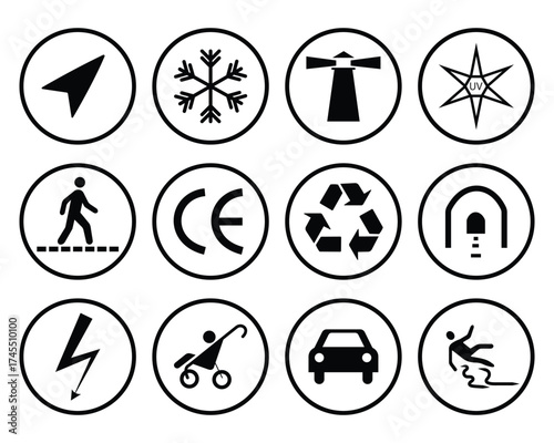 Sign symbol set. Safety, road direction, high voltage, recycle, walking, UV light, slippery floors, car, low temperature, baby stroller and more sign symbol. Vector illustration.