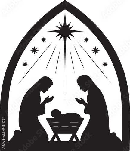 Silhouettes of people praying over child. Appearance of Jesus Christ, scenes from religious life. Bible Sketches, Christianity, Traditional Images, nursery, baby. Cartoon flat vector illustration