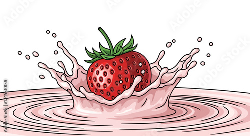 Juicy strawberry splashing into creamy pink liquid, creating a refreshing swirl.
