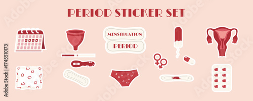 A set of vector stickers depicting the female period. Pads, tampons, menstrual cups, painkillers, uterus, calendar, pregnancy tests, and panties