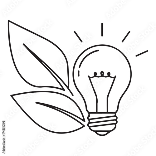 A simple line drawing of a light bulb with two leaves