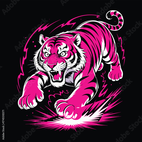 Striking Pink Tiger Jumping Forward, Powerful Wild Animal T-shirt Design