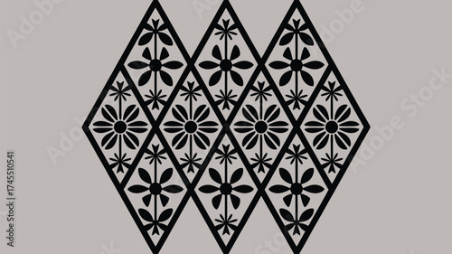 Elegant geometric pattern featuring stylized floral motifs within diamond shapes, perfect for decorative backgrounds and modern design projects.