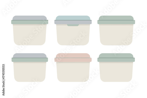 Six rectangular reusable food storage containers with pastel colored lids