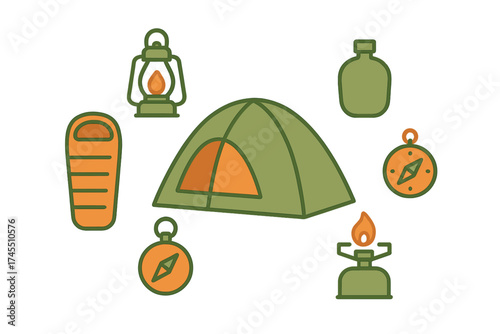 Camping and hiking gear set including tent, sleeping bag, compass, lantern, stove, and canteen icons
