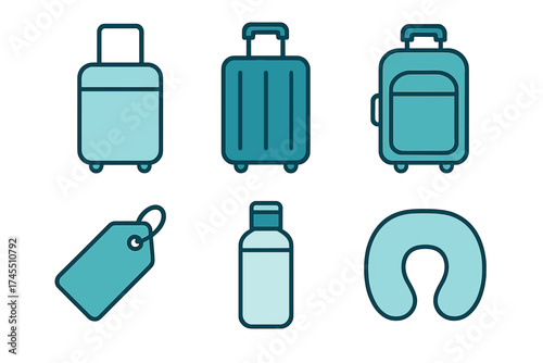 Travel essentials set featuring various suitcases luggage tag bottle and neck pillow