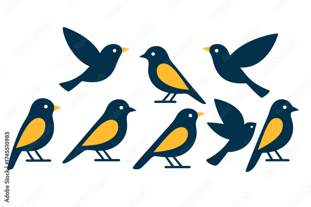 Naklejka premium Stylized dark blue birds with yellow patches standing and flying set
