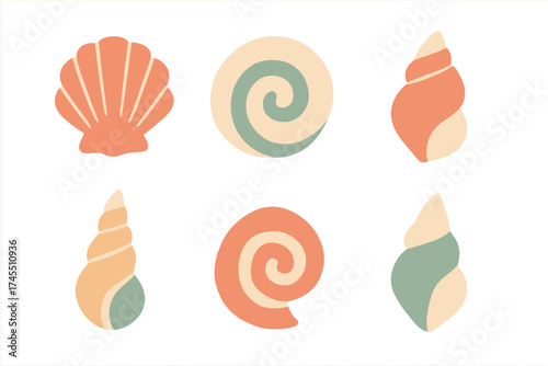 Six decorative ocean shells including scallop and spiral shapes in muted tones