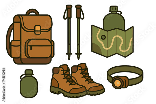 Set of essential outdoor adventure equipment including hiking boots backpack map and poles