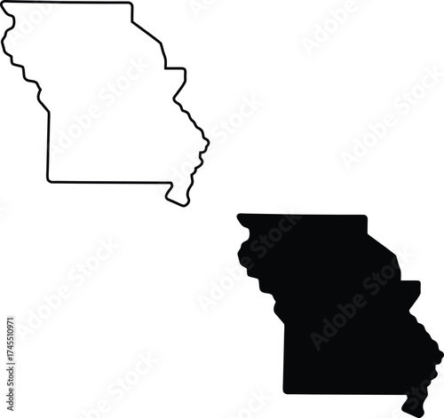 The distinctive shape of the state of Missouri presented as both a solid filled silhouette and a clear outline