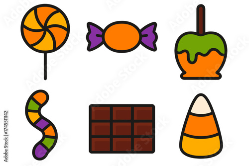 Classic Halloween treats assortment including candy corn, lollipop, chocolate, and caramel apple