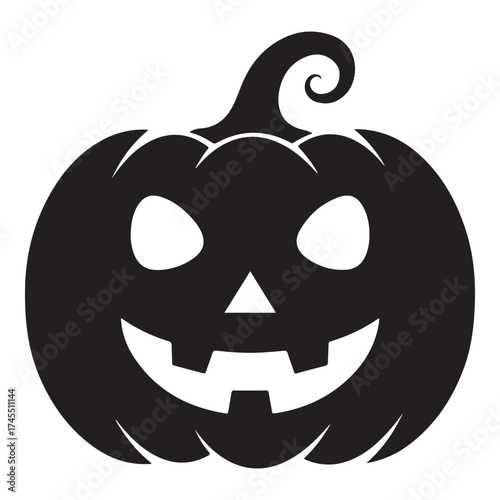 A black silhouette of a carved halloween pumpkin with a spooky face, isolated on a