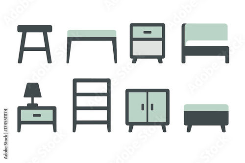 Modern household furniture collection including storage cabinets, bed, and seating benches