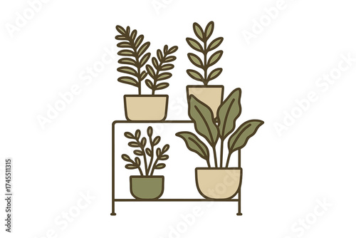 Potted green houseplants arranged stylishly on a modern two-tier metal stand