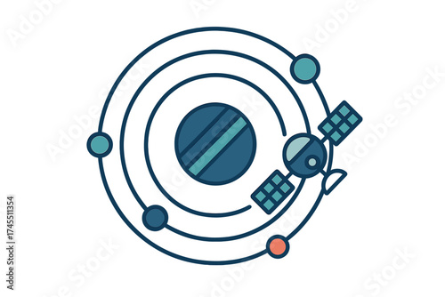 Stylized diagram of a space satellite orbiting a central planet in a solar system