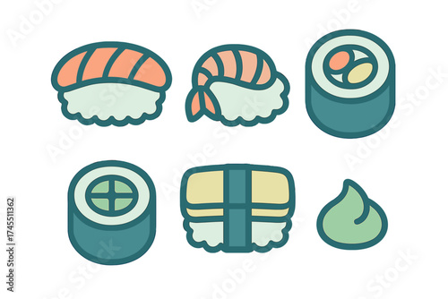 Stylized set of Japanese sushi and sashimi food items presented in modern flat design