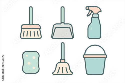 Essential household cleaning tools and equipment in a pastel color palette