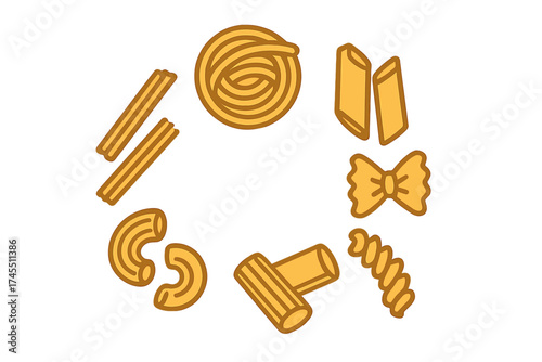 Circular arrangement of various dry Italian pasta shapes including spaghetti penne and macaroni