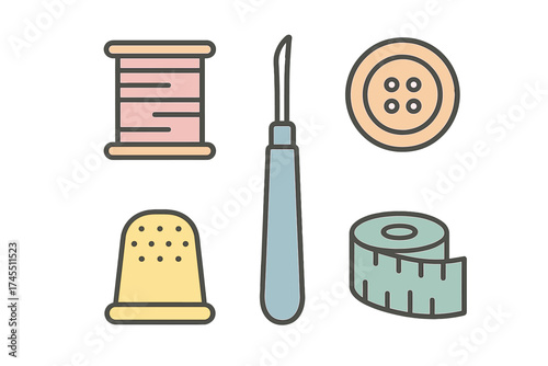 Colorful set of essential sewing and tailoring tools including thread spool button thimble and measuring tape