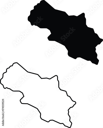 This horizontal black silhouette and outline map clearly delineates the distinct geographical shape of a long territory