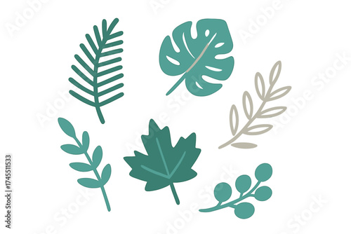 Set of stylized botanical elements and diverse green leaves featuring tropical and forest foliage shapes
