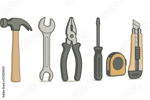 Essential collection of construction and repair hand tools including hammer wrench and screwdriver