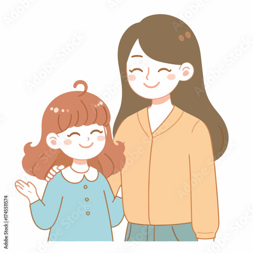 Mother and daughter embracing each other, smiling happily.