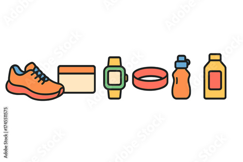 Colorful collection of fitness and workout equipment including running shoe and smartwatch