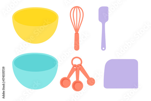 Colorful collection of kitchen utensils and baking tools including mixing bowls whisk and spatula