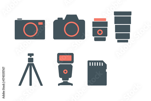 Set of essential photography equipment icons including cameras lenses and memory card