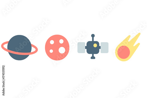 Stylized space icons collection featuring a ringed planet, satellite, moon, and fiery comet