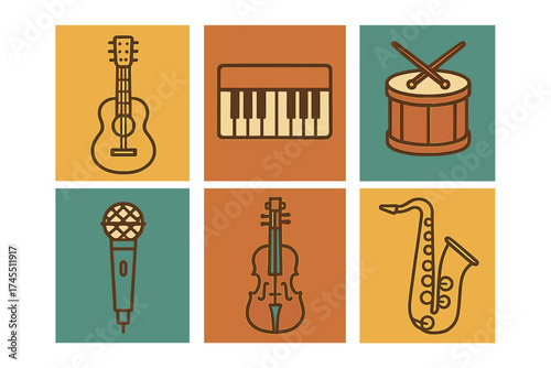 Retro collection of musical instrument icons including guitar keyboard drum microphone violin and saxophone