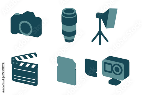 Isometric photography and video production equipment including camera, lens, light, clapperboard, and memory cards