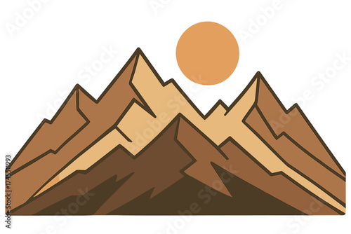 Minimalist mountain range featuring jagged peaks and a large circular sun