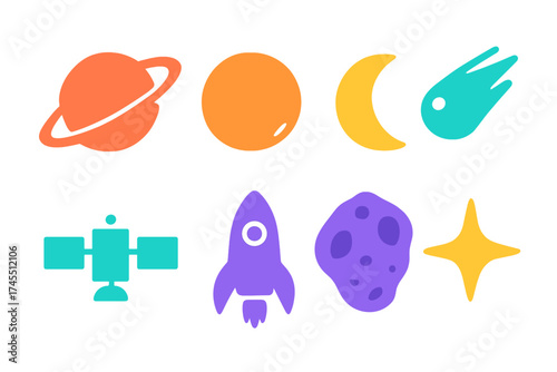 Colorful space and astronomy icons featuring planets, moon, rocket, satellite, asteroid, and comet