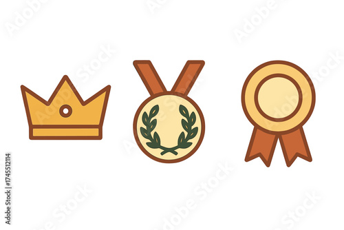Golden crown, championship medal with laurel wreath, and award rosette ribbon set