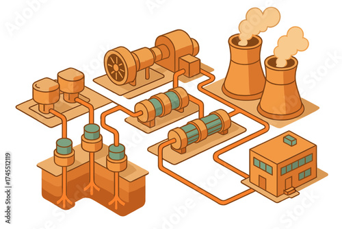 Geothermal power generation system showing underground heat extraction and cooling towers