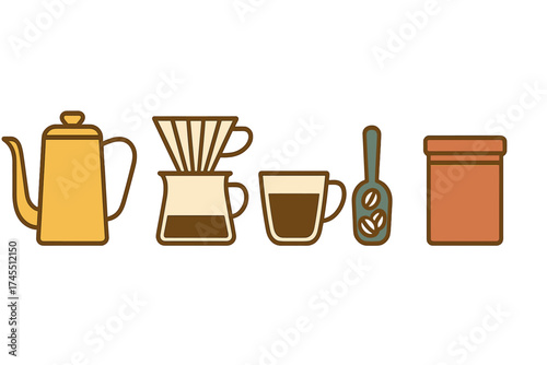 Essential tools and equipment for manual pour-over coffee preparation including kettle and mug